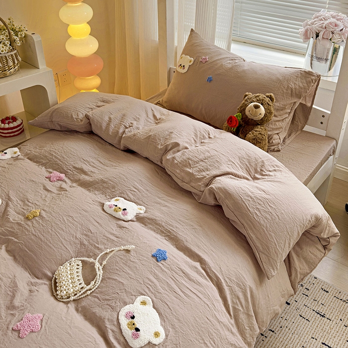 91家纺网 家纺一手货源 找家纺 韩巢家纺 2024新款超柔水洗棉毛巾绣学生宿舍上下铺专用单件被套-幸运熊系列（提供卖家秀） 幸运熊奶咖