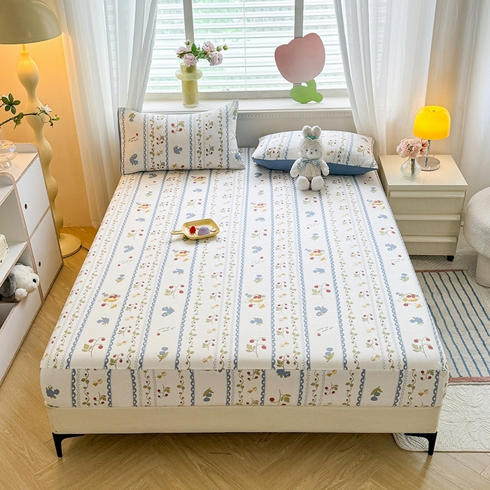 91家纺网 家纺一手货源 找家纺 妖妖家纺 2024新款超柔软糯亲肤水洗棉单床笠 花儿与兔