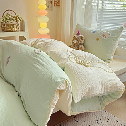 韩巢家纺 2024新款超柔水洗棉毛巾绣学生宿舍上下铺专用单件被套-幸运熊系列（提供卖家秀） 幸运熊浅绿黄