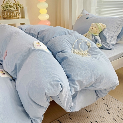韩巢家纺 2024新款超柔水洗棉毛巾绣学生宿舍上下铺专用单件被套-幸运熊系列（提供卖家秀） 幸运熊浅蓝