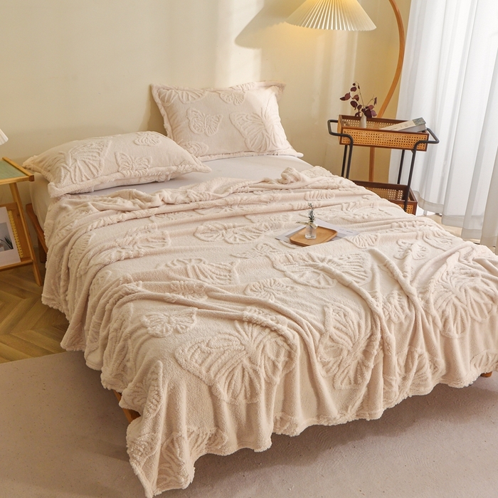 91家纺网 家纺一手货源 找家纺 芸锦豪 2024新款蝴蝶提花毛毯卷边款 蝴蝶提花卷边款-米杏色