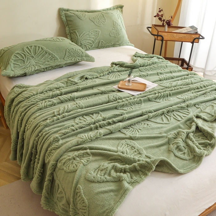 91家纺网 家纺一手货源 找家纺 芸锦豪 2024新款蝴蝶提花毛毯卷边款 蝴蝶提花卷边款-抹茶绿