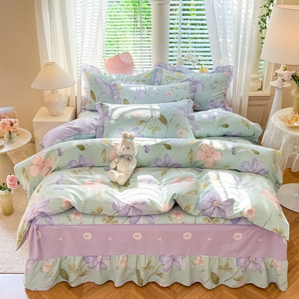 91家纺网 家纺一手货源 找家纺 美达家纺 2025新款全棉印花床裙四件套 夏沫浅语-蓝