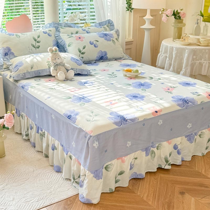 91家纺网 家纺一手货源 找家纺 美达家纺 2025新款全棉印花单床裙 花漫香-蓝