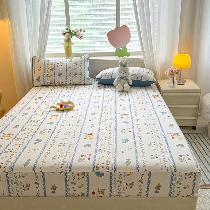 91家纺网 家纺一手货源 找家纺 妖妖家纺 2024新款超柔软糯亲肤水洗棉单床笠 花儿与兔