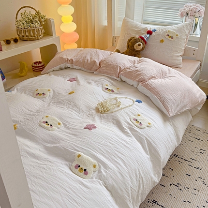 韩巢家纺 2024新款超柔水洗棉毛巾绣学生宿舍上下铺专用三件套-幸运熊系列（提供卖家秀） 幸运熊奶白浅粉