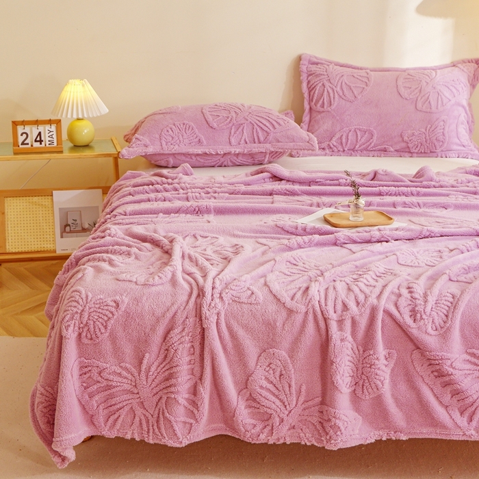 91家纺网 家纺一手货源 找家纺 芸锦豪 2024新款蝴蝶提花毛毯卷边款 蝴蝶提花卷边款-玫瑰粉