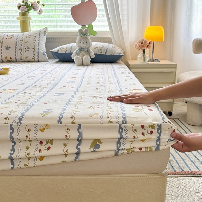 91家纺网 家纺一手货源 找家纺 妖妖家纺 2024新款超柔软糯亲肤水洗棉单床笠 花儿与兔