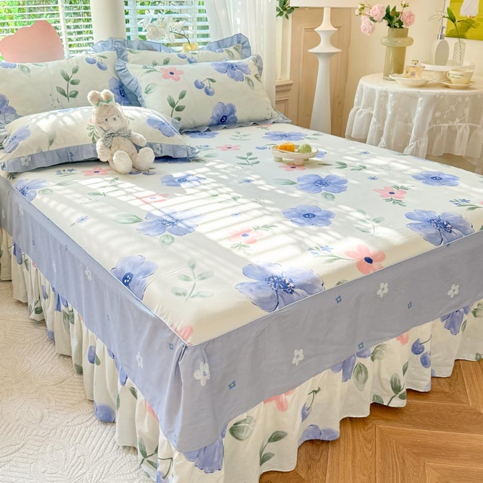 91家纺网 家纺一手货源 找家纺 美达家纺 2025新款全棉印花单床裙 花漫香-蓝