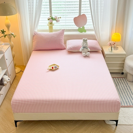 91家纺网 家纺一手货源 找家纺 妖妖家纺 2024新款超柔软糯亲肤水洗棉单床笠 小粉格