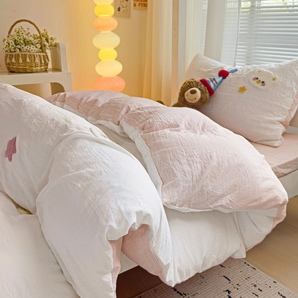 韩巢家纺 2024新款超柔水洗棉毛巾绣学生宿舍上下铺专用单件被套-幸运熊系列（提供卖家秀） 幸运熊奶白浅粉