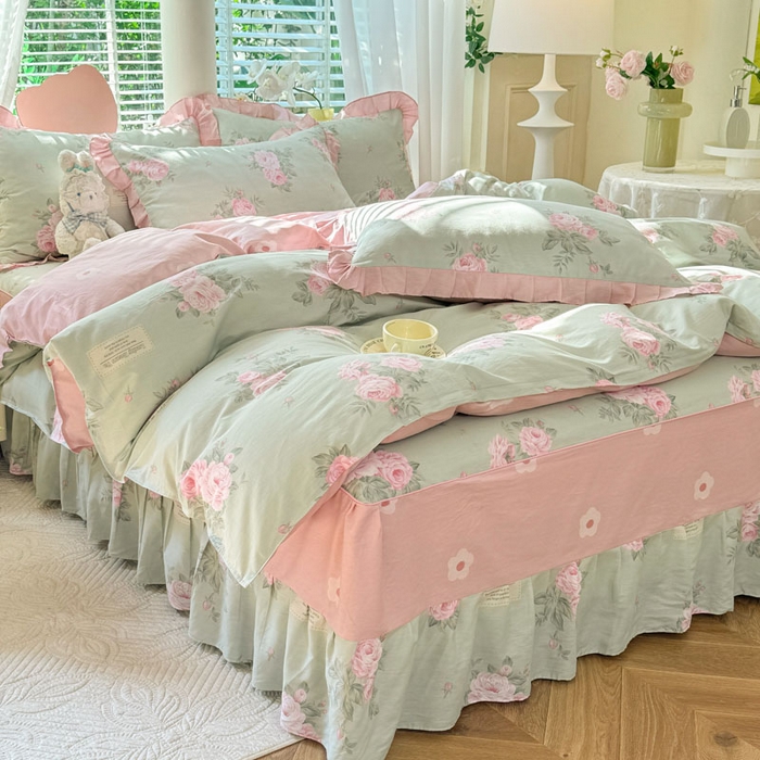 91家纺网 家纺一手货源 找家纺 美达家纺 2025新款全棉印花床裙四件套 花香梦境-绿