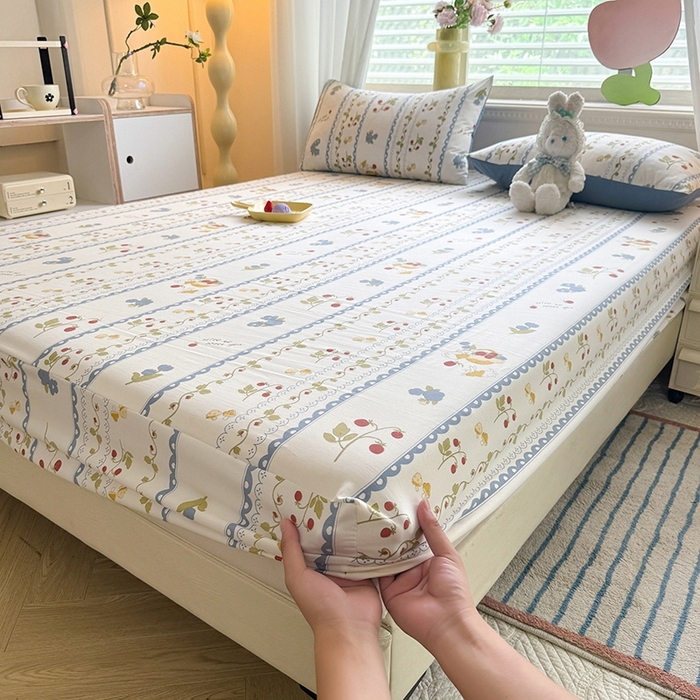 91家纺网 家纺一手货源 找家纺 妖妖家纺 2024新款超柔软糯亲肤水洗棉单床笠 花儿与兔