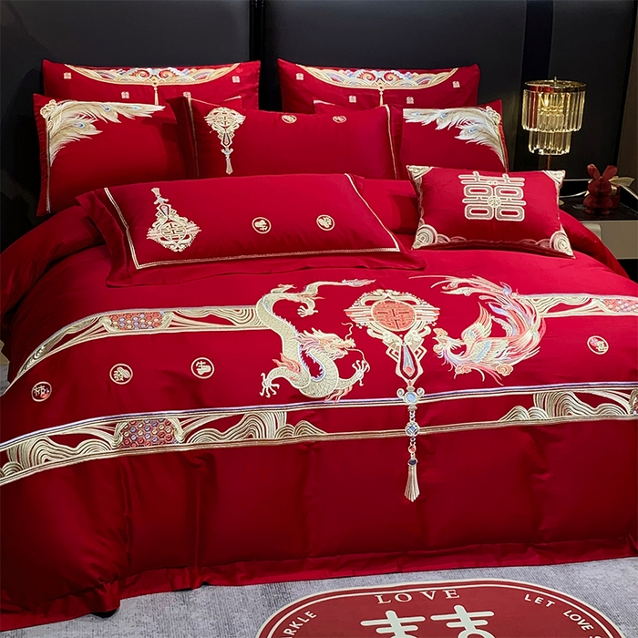 91家纺网 家纺一手货源 找家纺 用心 2024新款全棉高端婚庆绣花四件套 欢喜龙凤