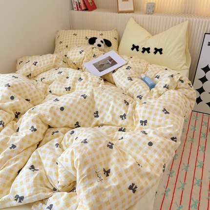 91家纺网 家纺一手货源 找家纺 金梦拉家纺 2024新款水洗云朵棉毛巾绣蝴蝶结系列四件套 蝴蝶结-黄黑