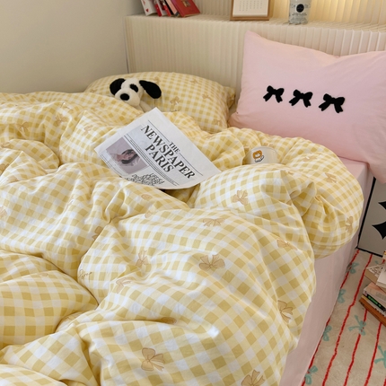 91家纺网 家纺一手货源 找家纺 金梦拉家纺 2024新款水洗云朵棉毛巾绣蝴蝶结系列四件套 蝴蝶结-奶油黄