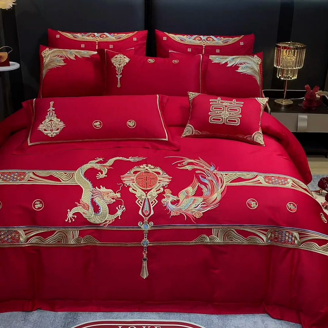 91家纺网 家纺一手货源 找家纺 用心 2024新款全棉高端婚庆绣花四件套 欢喜龙凤