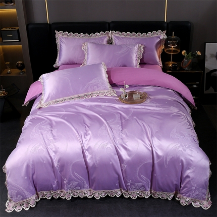 91家纺网 家纺一手货源 找家纺 提花大世界 2025新款全棉贡缎水溶天丝提花四件套 菲丽庄园（雪青）