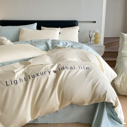 91家纺网 家纺一手货源 找家纺 优棉坊全棉馆 2024新款高支高密长绒棉全棉贡缎绣花四件套-慕歌系列 慕歌-乳蛋白+星冰绿