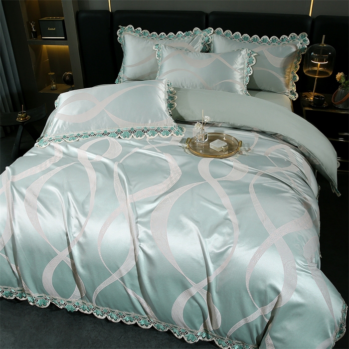 91家纺网 家纺一手货源 找家纺 提花大世界 2025新款全棉贡缎水溶天丝提花四件套 缇娜（淡雅绿）