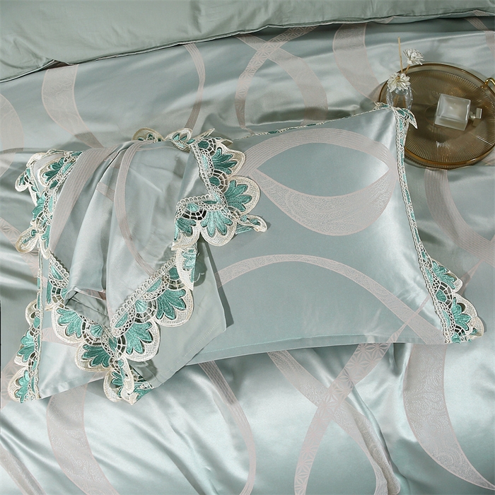 91家纺网 家纺一手货源 找家纺 提花大世界 2025新款全棉贡缎水溶天丝提花四件套 缇娜（淡雅绿）