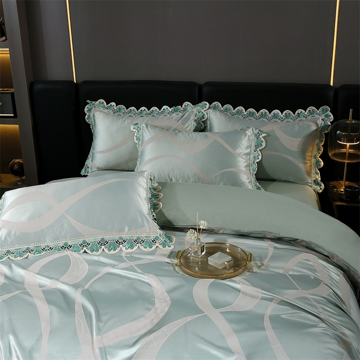 91家纺网 家纺一手货源 找家纺 提花大世界 2025新款全棉贡缎水溶天丝提花四件套 缇娜（淡雅绿）