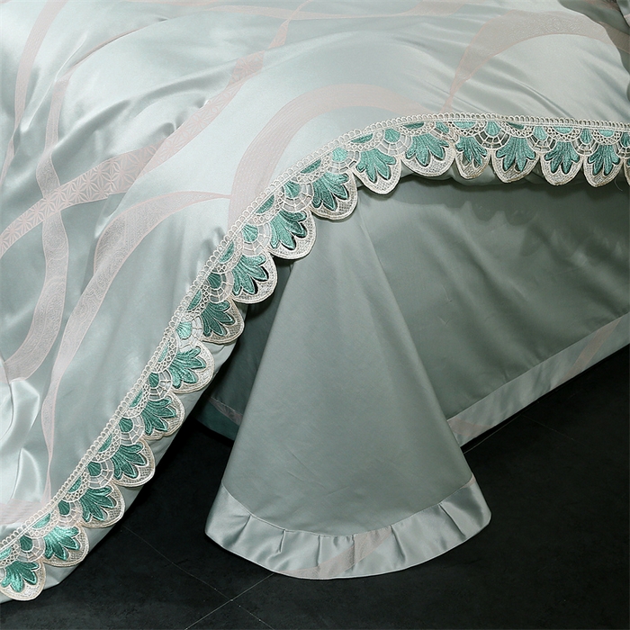 91家纺网 家纺一手货源 找家纺 提花大世界 2025新款全棉贡缎水溶天丝提花四件套 缇娜（淡雅绿）