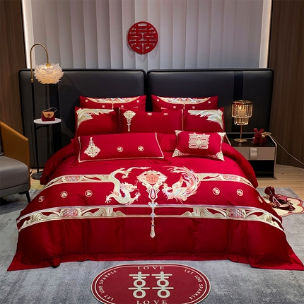 用心 2024新款全棉高端婚庆绣花四件套 欢喜龙凤