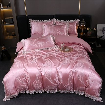 91家纺网 家纺一手货源 找家纺 提花大世界 2025新款全棉贡缎水溶天丝提花四件套 繁华（豆沙）