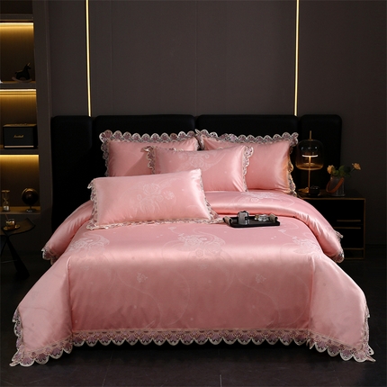 91家纺网 家纺一手货源 找家纺 提花大世界 2025新款全棉贡缎水溶天丝提花四件套 克洛伊（粉玉）