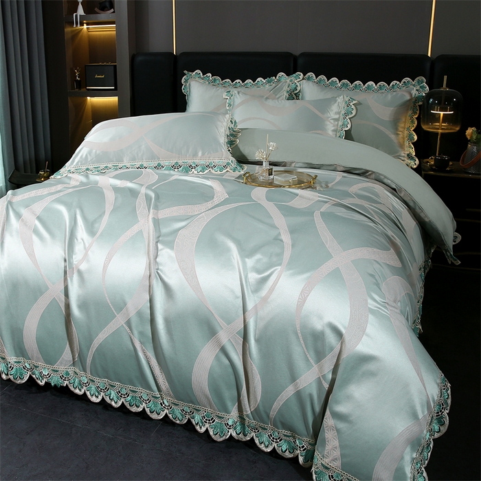 91家纺网 家纺一手货源 找家纺 提花大世界 2025新款全棉贡缎水溶天丝提花四件套 缇娜（淡雅绿）