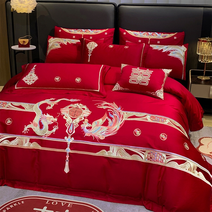 91家纺网 家纺一手货源 找家纺 用心 2024新款全棉高端婚庆绣花四件套 欢喜龙凤