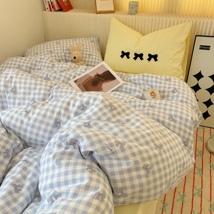 91家纺网 家纺一手货源 找家纺 金梦拉家纺 2024新款水洗云朵棉毛巾绣蝴蝶结系列四件套 蝴蝶结-冰川蓝