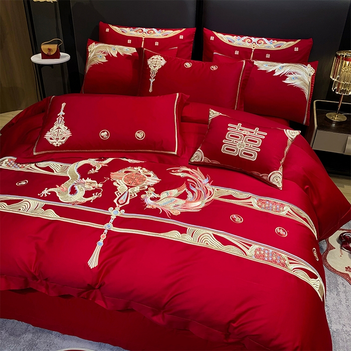 91家纺网 家纺一手货源 找家纺 用心 2024新款全棉高端婚庆绣花四件套 欢喜龙凤