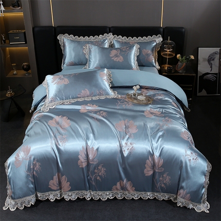 91家纺网 家纺一手货源 找家纺 提花大世界 2025新款全棉贡缎水溶天丝提花四件套 花汐（兰）