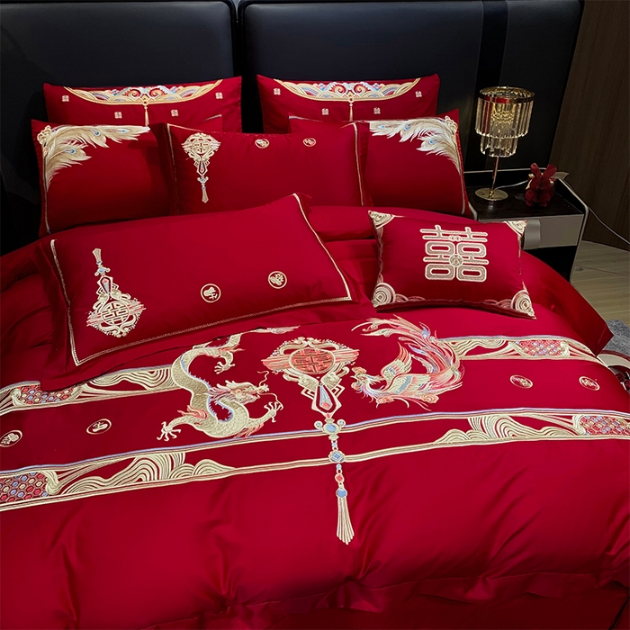 91家纺网 家纺一手货源 找家纺 用心 2024新款全棉高端婚庆绣花四件套 欢喜龙凤