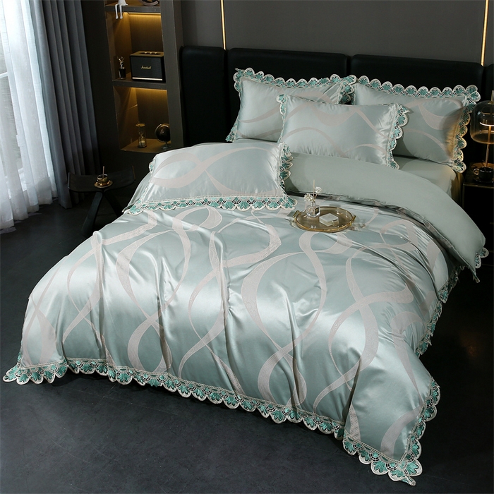 91家纺网 家纺一手货源 找家纺 提花大世界 2025新款全棉贡缎水溶天丝提花四件套 缇娜（淡雅绿）