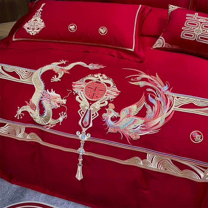 91家纺网 家纺一手货源 找家纺 用心 2024新款全棉高端婚庆绣花四件套 欢喜龙凤