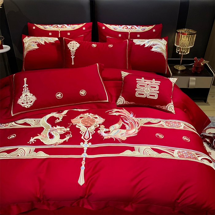 91家纺网 家纺一手货源 找家纺 用心 2024新款全棉高端婚庆绣花四件套 欢喜龙凤