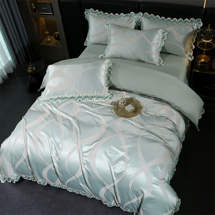 91家纺网 家纺一手货源 找家纺 提花大世界 2025新款全棉贡缎水溶天丝提花四件套 缇娜（淡雅绿）