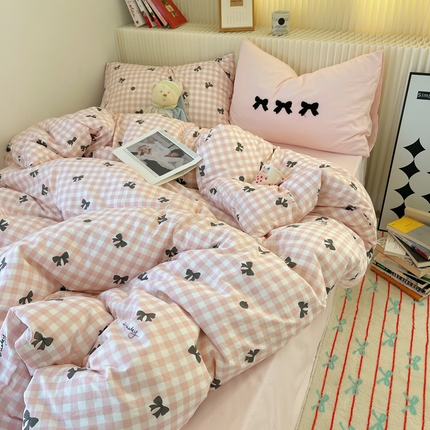 91家纺网 家纺一手货源 找家纺 金梦拉家纺 2024新款水洗云朵棉毛巾绣蝴蝶结系列四件套 蝴蝶结-粉黑