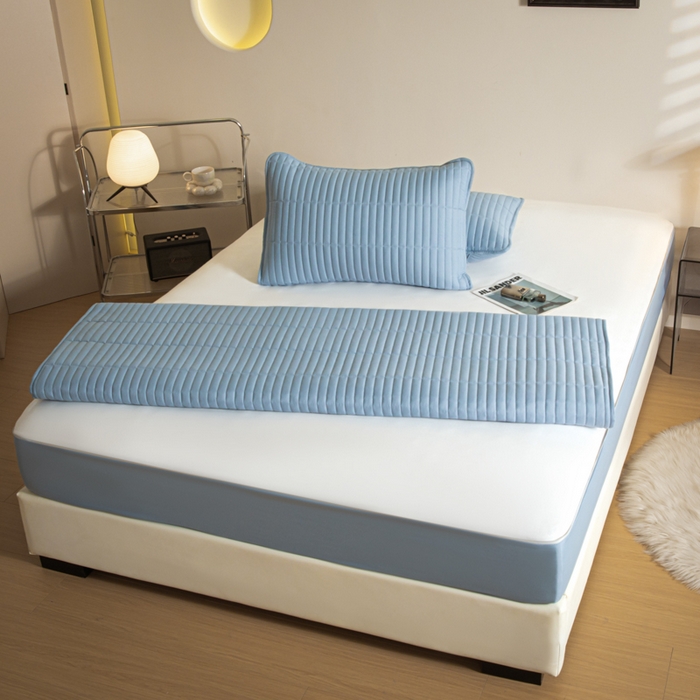 91家纺网 家纺一手货源 找家纺 雪云美 六面全包夹棉床笠拉链款A类原棉床垫套子床罩 格韵-天空蓝