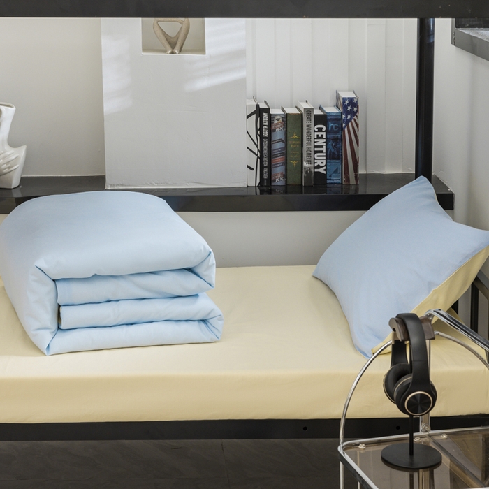 91家纺网 家纺一手货源 找家纺 柠萌家居 2025新款无印良品风色织水洗棉A类学生宿舍三件套 天蓝奶黄