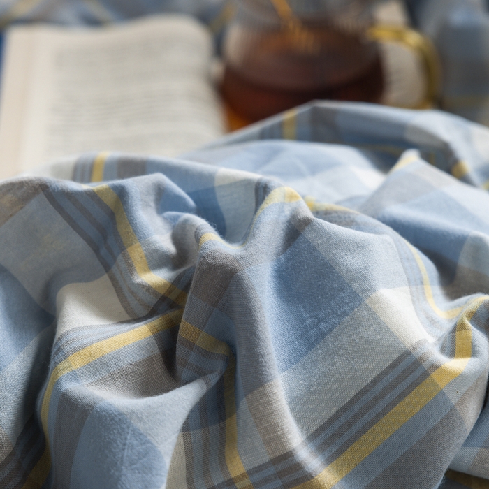 91家纺网 家纺一手货源 找家纺 柠萌家居 2025新款无印良品风色织水洗棉A类学生宿舍三件套 简兮蓝