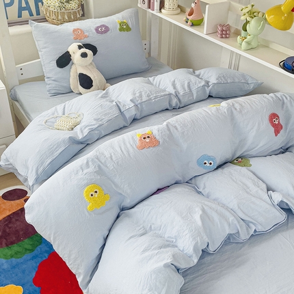 韩巢家纺 2024新款超柔水洗棉毛巾绣学生宿舍上下铺单件被套-小精灵系列 小精灵浅蓝