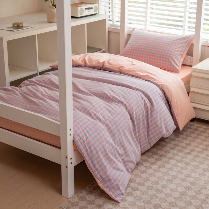 91家纺网 家纺一手货源 找家纺 柠萌家居 2025新款无印良品风色织水洗棉A类学生宿舍三件套 星辰蓝桔