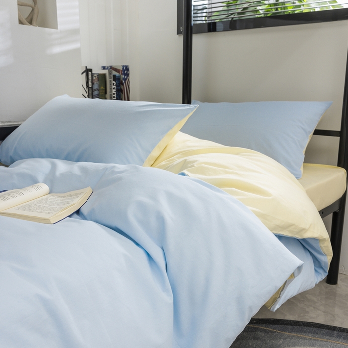 91家纺网 家纺一手货源 找家纺 柠萌家居 2025新款无印良品风色织水洗棉A类学生宿舍三件套 天蓝奶黄