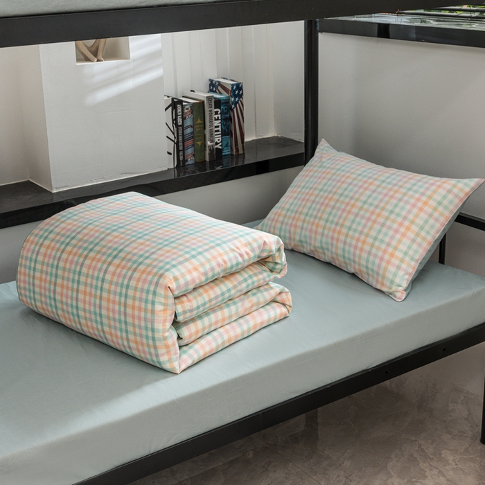 91家纺网 家纺一手货源 找家纺 柠萌家居 2025新款无印良品风色织水洗棉A类学生宿舍三件套 冰激凌绿