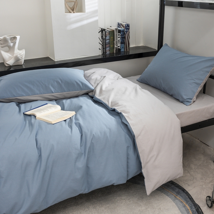 91家纺网 家纺一手货源 找家纺 柠萌家居 2025新款无印良品风色织水洗棉A类学生宿舍三件套 浅蓝灰