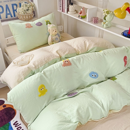 韩巢家纺 2024新款超柔水洗棉毛巾绣学生宿舍上下铺单件被套-小精灵系列 小精灵浅黄绿